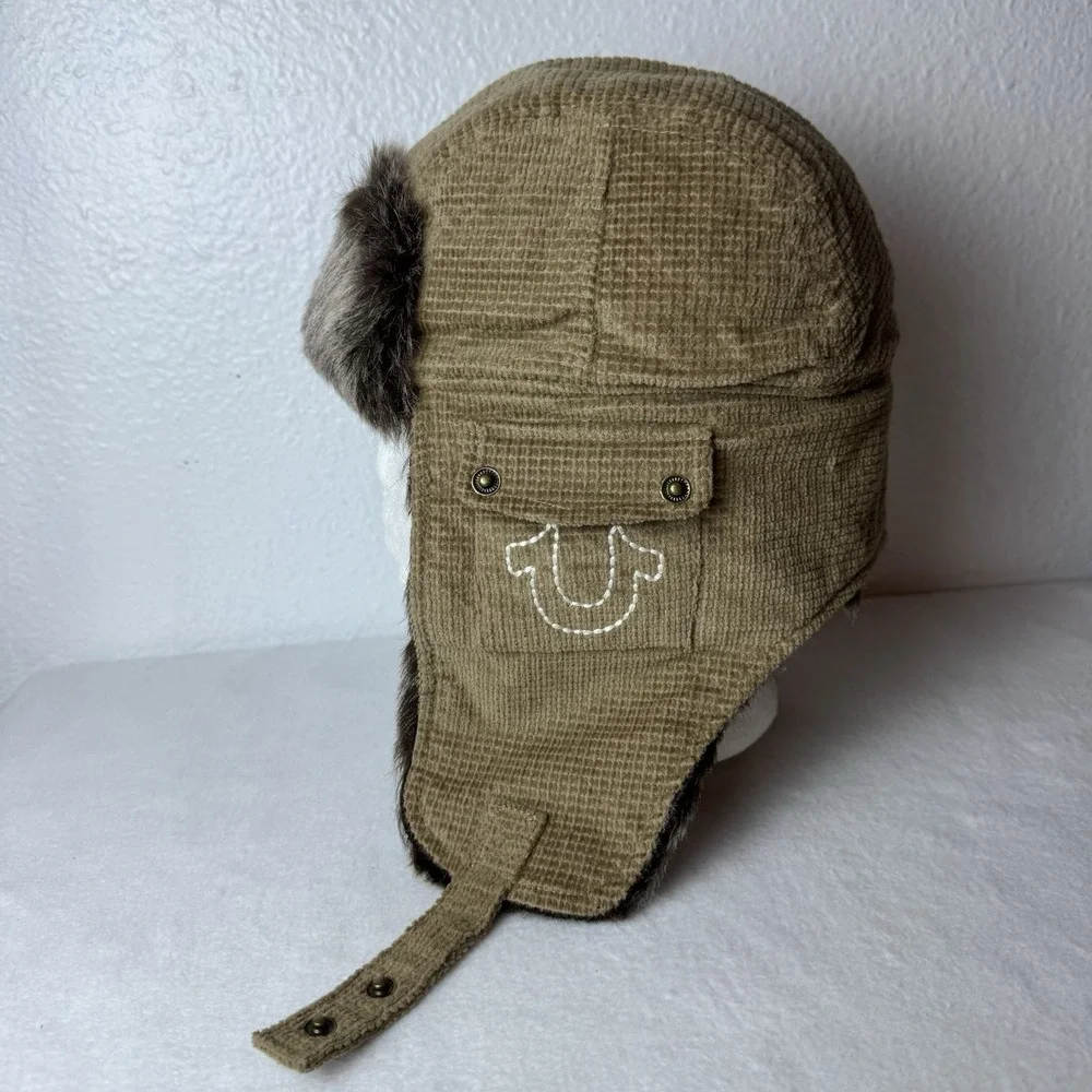 True Religion Men's Trapper Hat Cap Brown Tan One Size Faux Fur Lined Winter